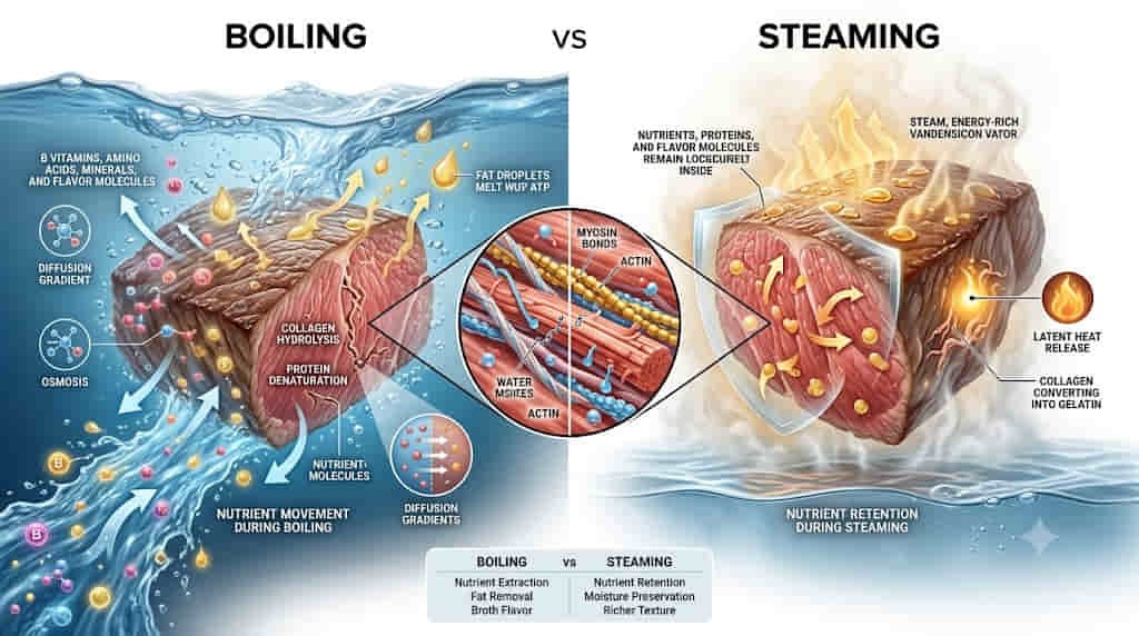 How Boiling and Steaming Rewrite the Biochemistry of Meat