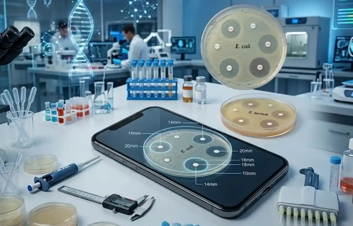 A modern laboratory with a scientist using a smartphone to scan a Petri dish containing antibiotic discs