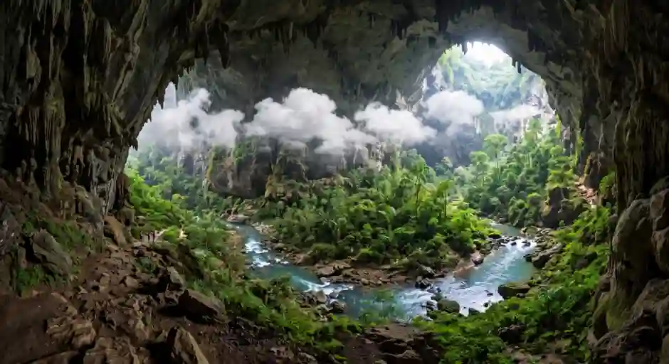This cave has a river, a forest and clouds inside it